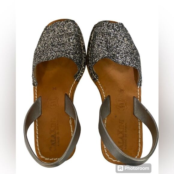Calaxini Leather Black Silver Glitter Low Wedge Sling Back Sandals Made in Spain - Picture 3 of 12